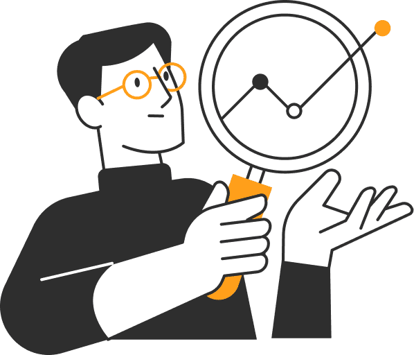 Ilustração de uma pessoa segurando uma lupa com gráficos de desempenho, representando assessoria de marketing e estratégias baseadas em dados.